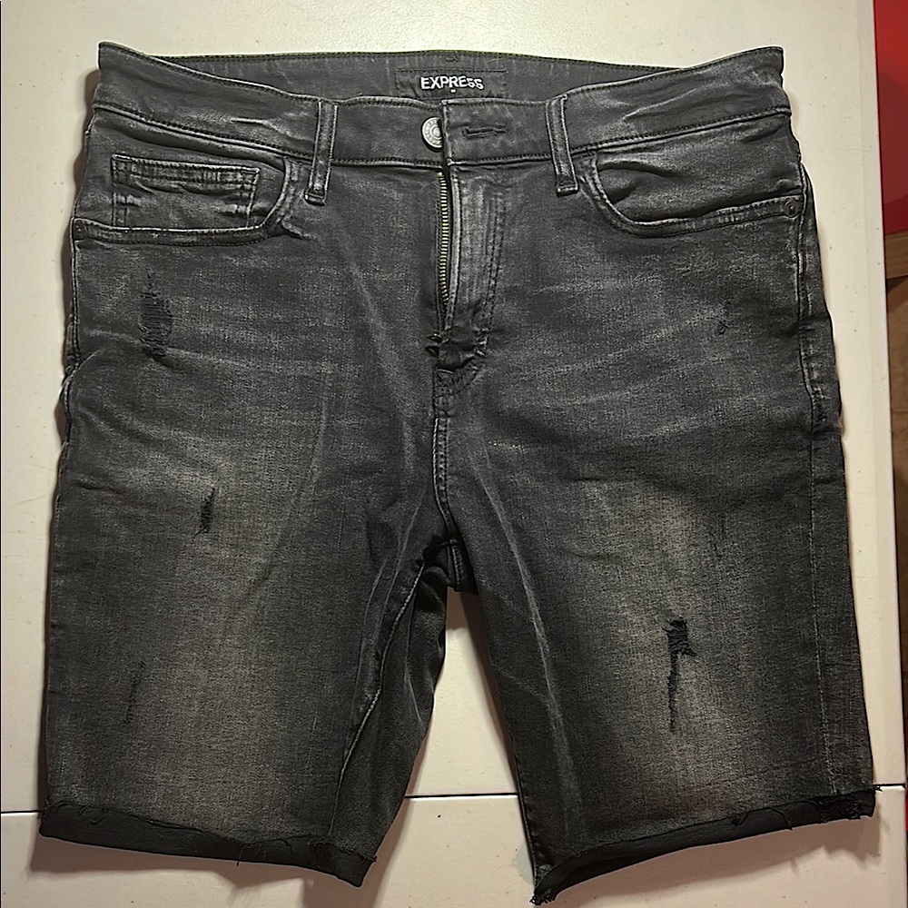 Men’s Express Black Jean Shorts Distressed Cut-Off Style